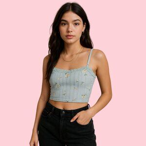 Aerie Floral Lace Trim Crop Top with Built-In Bra – Size M